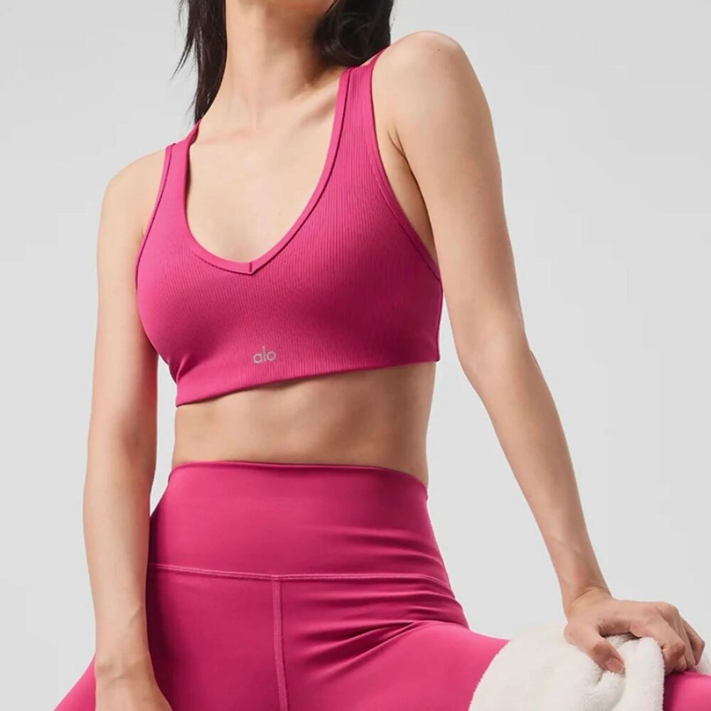 Alo Yoga Airlift Ribbed Sports Bra Pink Red Size Small